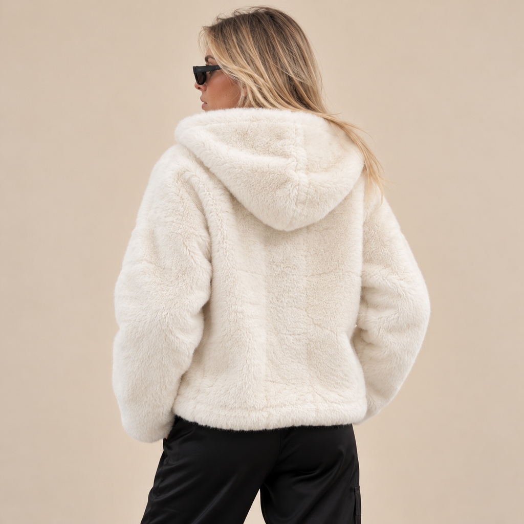Plush Faux Fur Hooded Jacket in Cream, back view