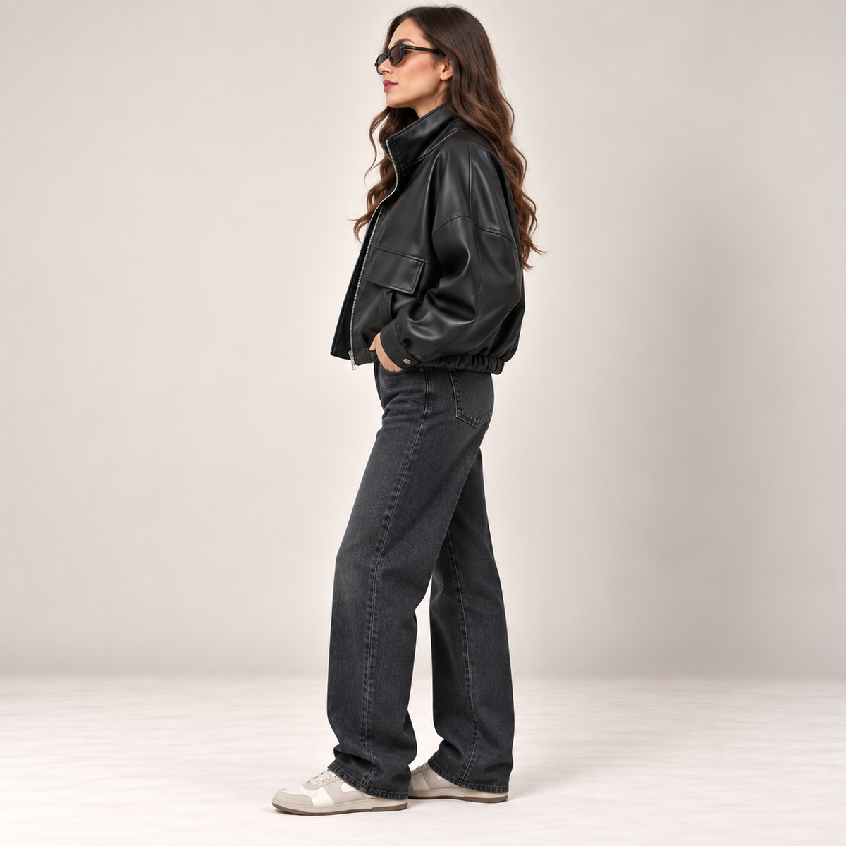 Faux Leather Utility Jacket in Black, side view
