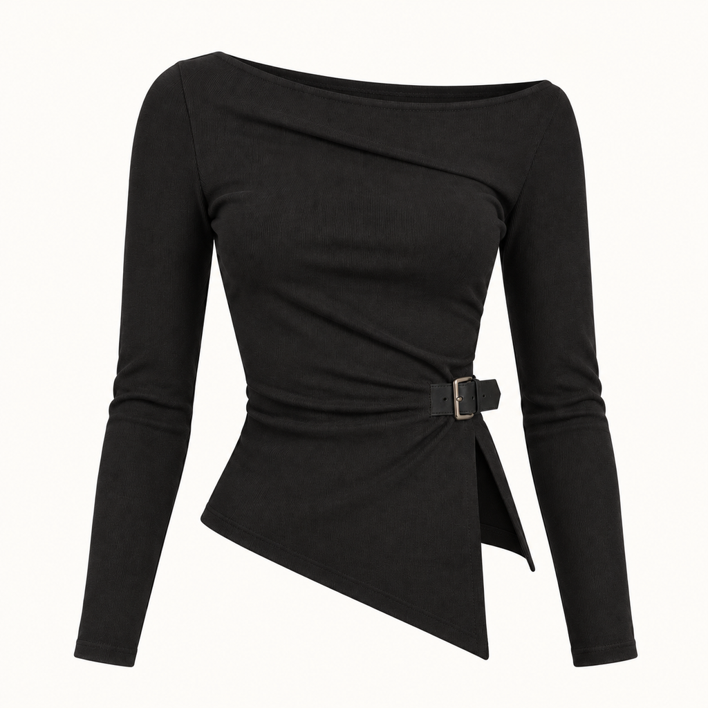 Asymmetric Buckle Knit Top in Black, product view