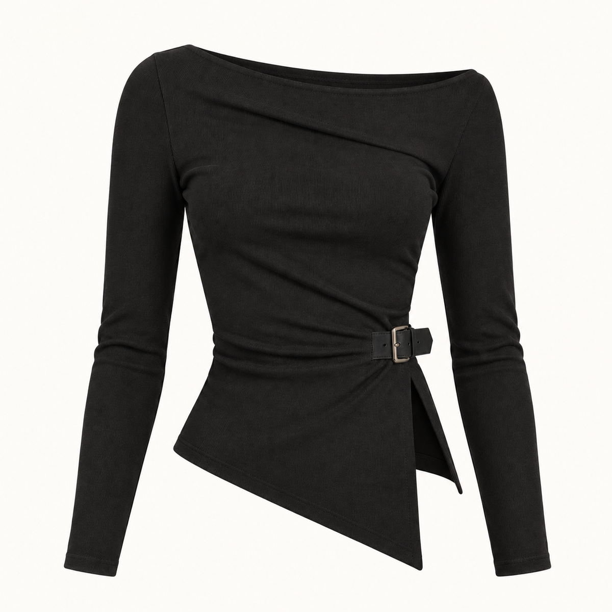 Asymmetric Buckle Knit Top in Black, product view