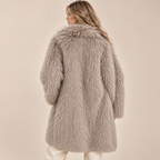 Shaggy Faux Fur Coat in Greige, model back view