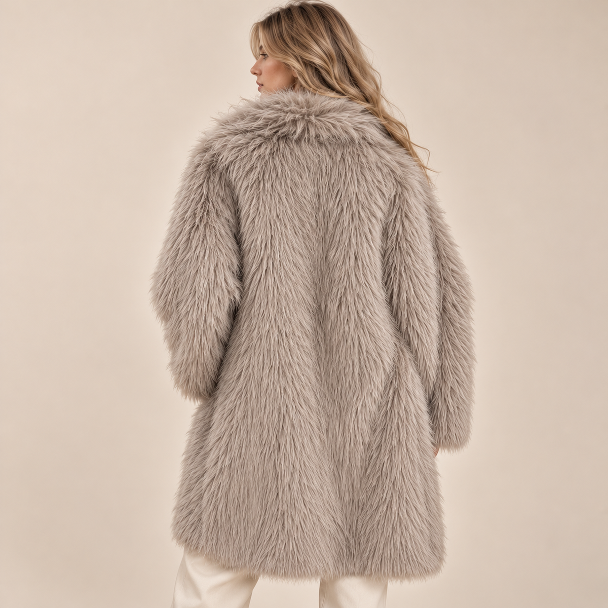 Shaggy Faux Fur Coat in Greige, model back view