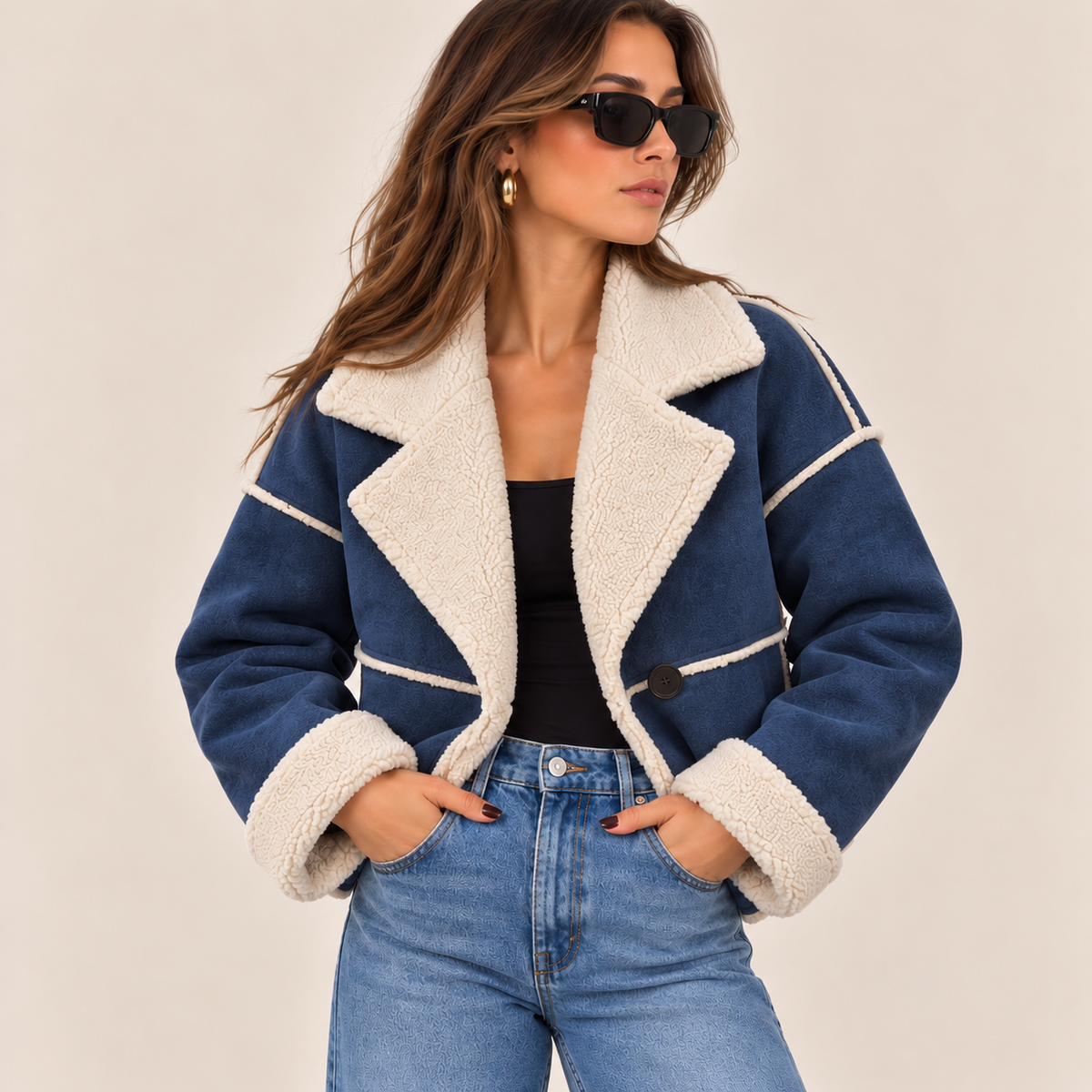 Suede-Effect Jacket With Faux Shearling Collar in Blue, front view