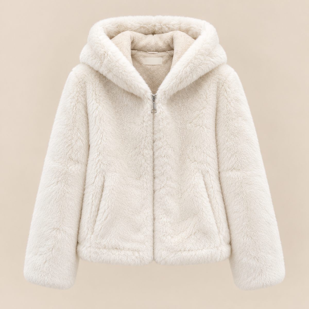 Plush Faux Fur Hooded Jacket in Cream, product view