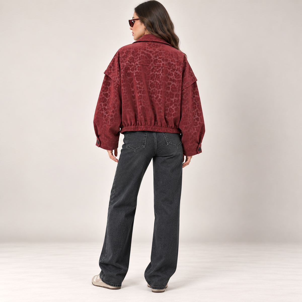 Cropped Tonal Leopard Jacket in Burgundy, back view