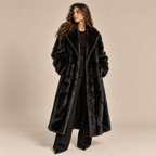 Longline Faux Fur Coat in Black, model front view