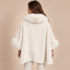 Chevron Cape Coat With Faux Fur Collar in White, model back view