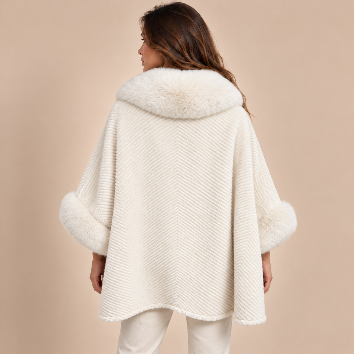 Chevron Cape Coat With Faux Fur Collar in White, model back view