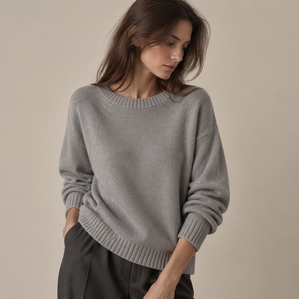 Sparkle Knit Crew Neck Sweater in Grey, model view