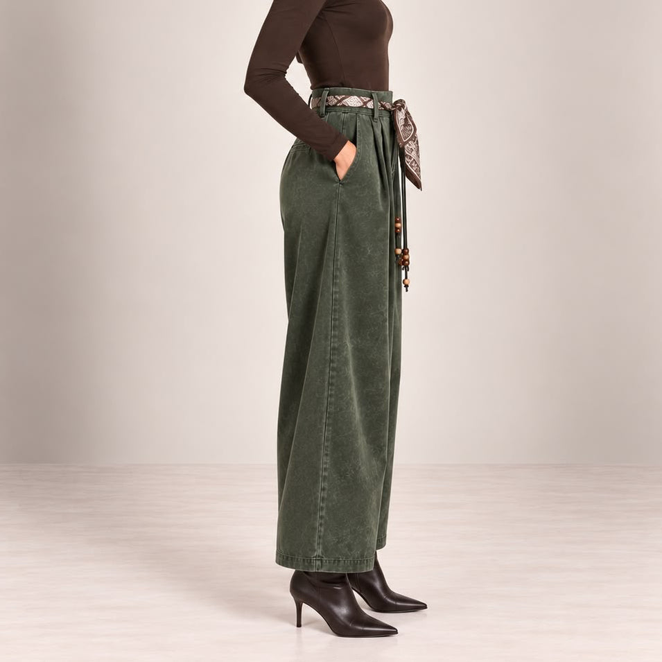 Velvet-Touch Wide-Leg Pants With Scarf Belt in Khaki, side view