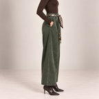 Velvet-Touch Wide-Leg Pants With Scarf Belt in Khaki, side view
