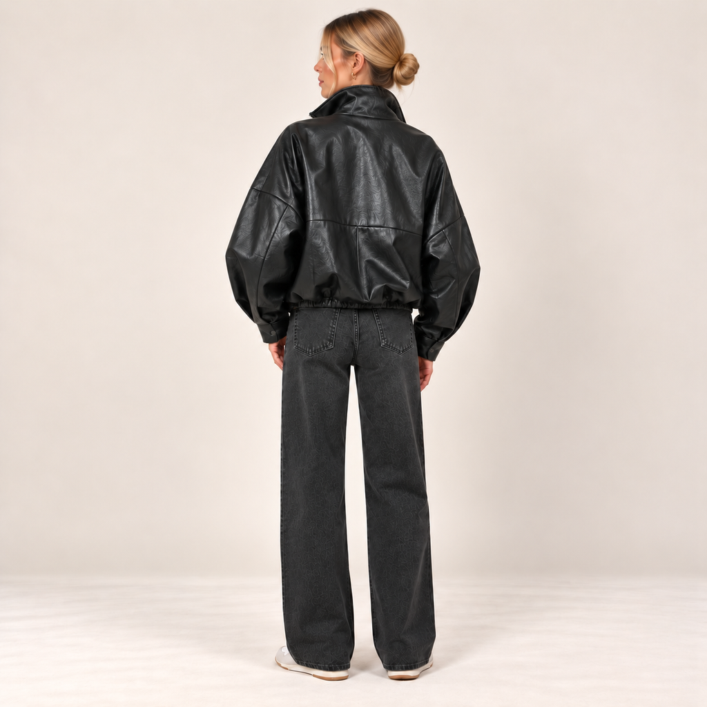 Oversized Faux Leather Bomber Jacket in Black, alternate back view