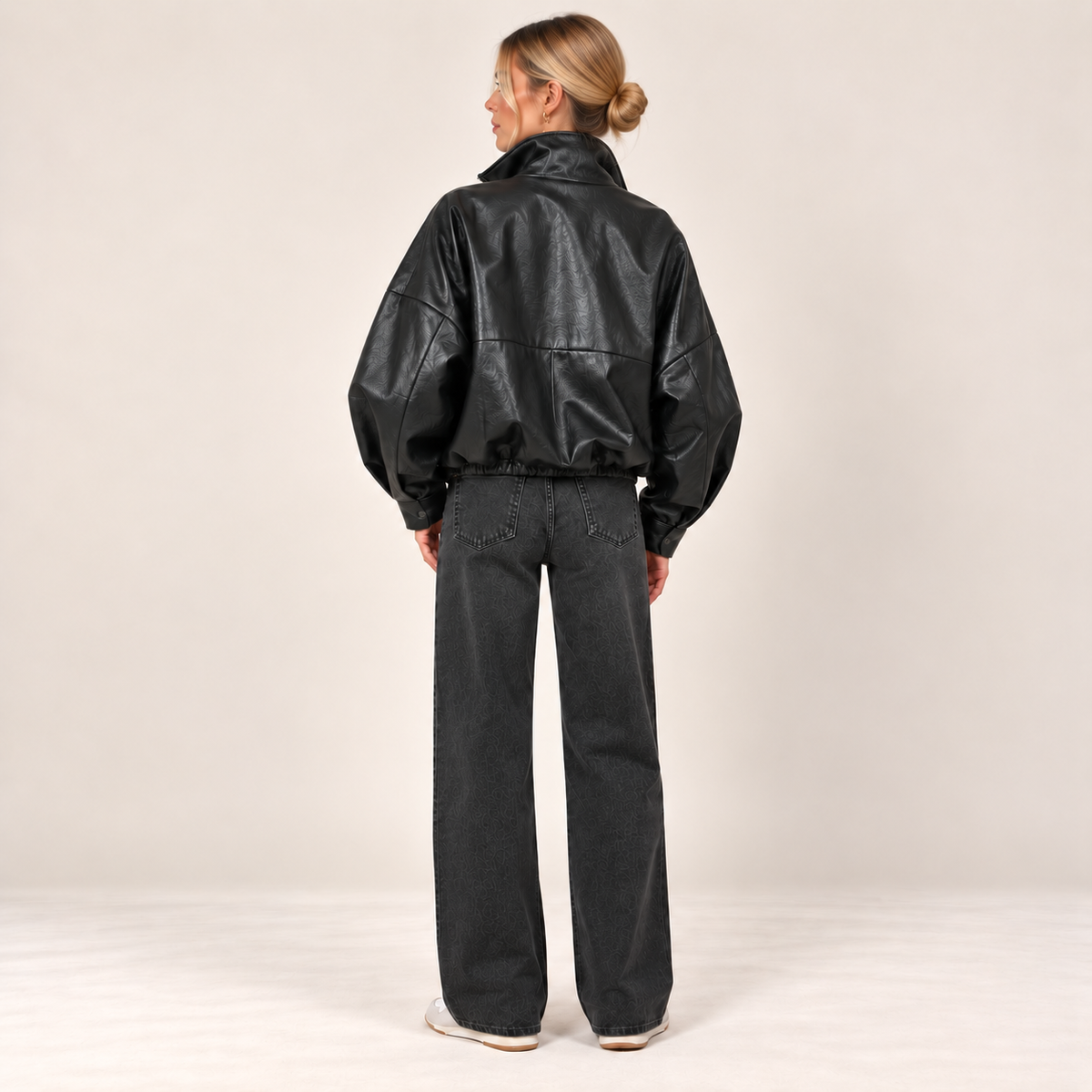 Oversized Faux Leather Bomber Jacket in Black, alternate back view