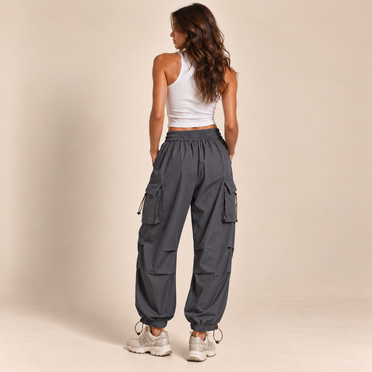 Ruched-Knee Utility Cargo Pants in Grey, back view