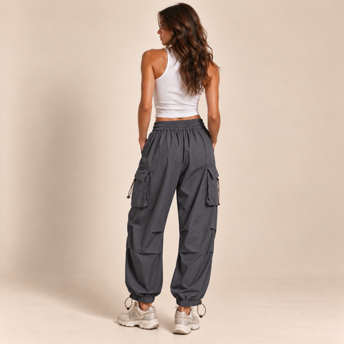 Ruched-Knee Utility Cargo Pants in Grey, back view