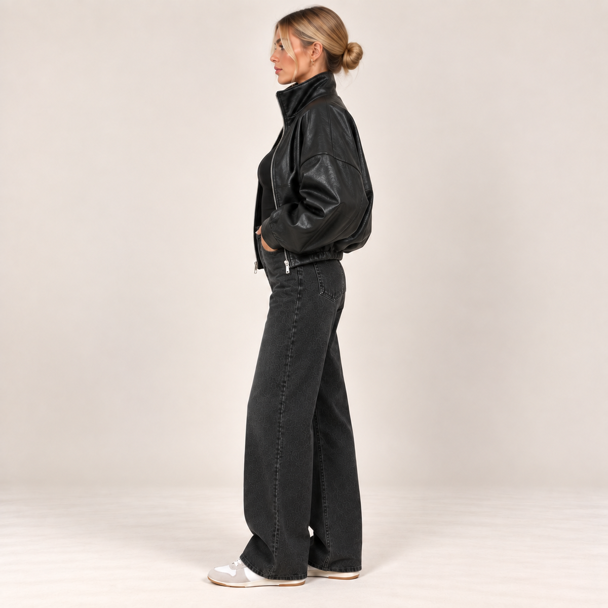 Oversized Faux Leather Bomber Jacket in Black, alternate side view
