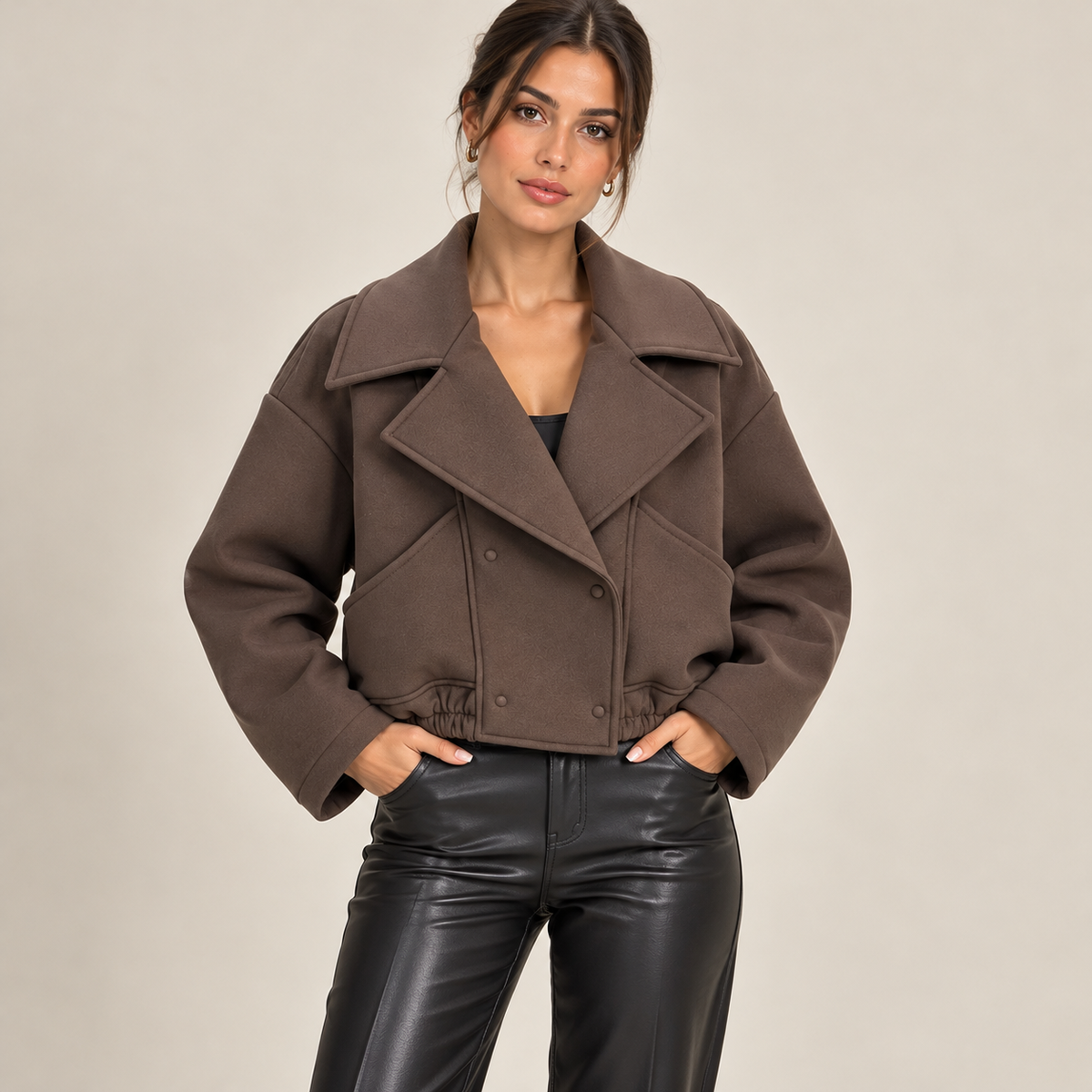 Cropped Double-Breasted Jacket With Wide Lapels in Taupe, front view