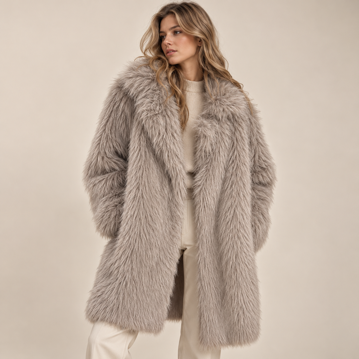 Shaggy Faux Fur Coat in Greige, model front view