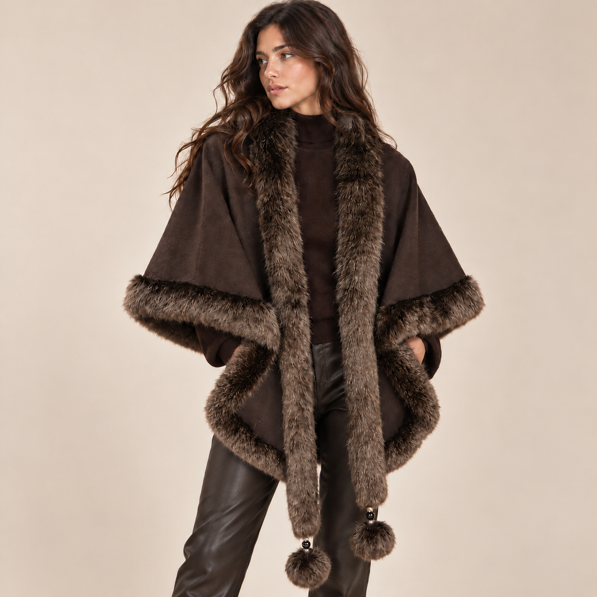Faux Fur Trim Cape With Pom-Pom Ties in Brown, model front view