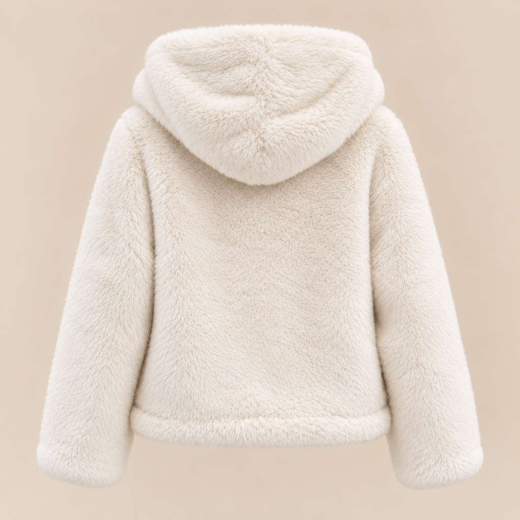 Plush Faux Fur Hooded Jacket in Cream, product back view