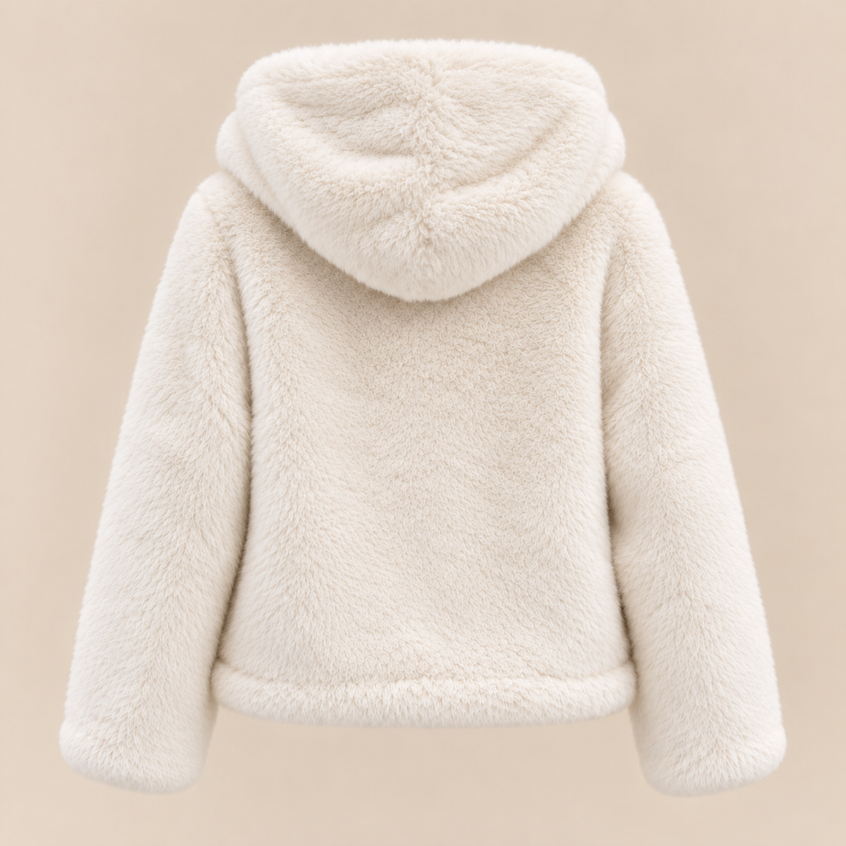 Plush Faux Fur Hooded Jacket in Cream, product back view