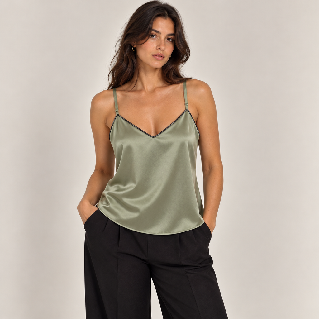 Rhinestone Trim Satin Cami Top in Sage Green, front view