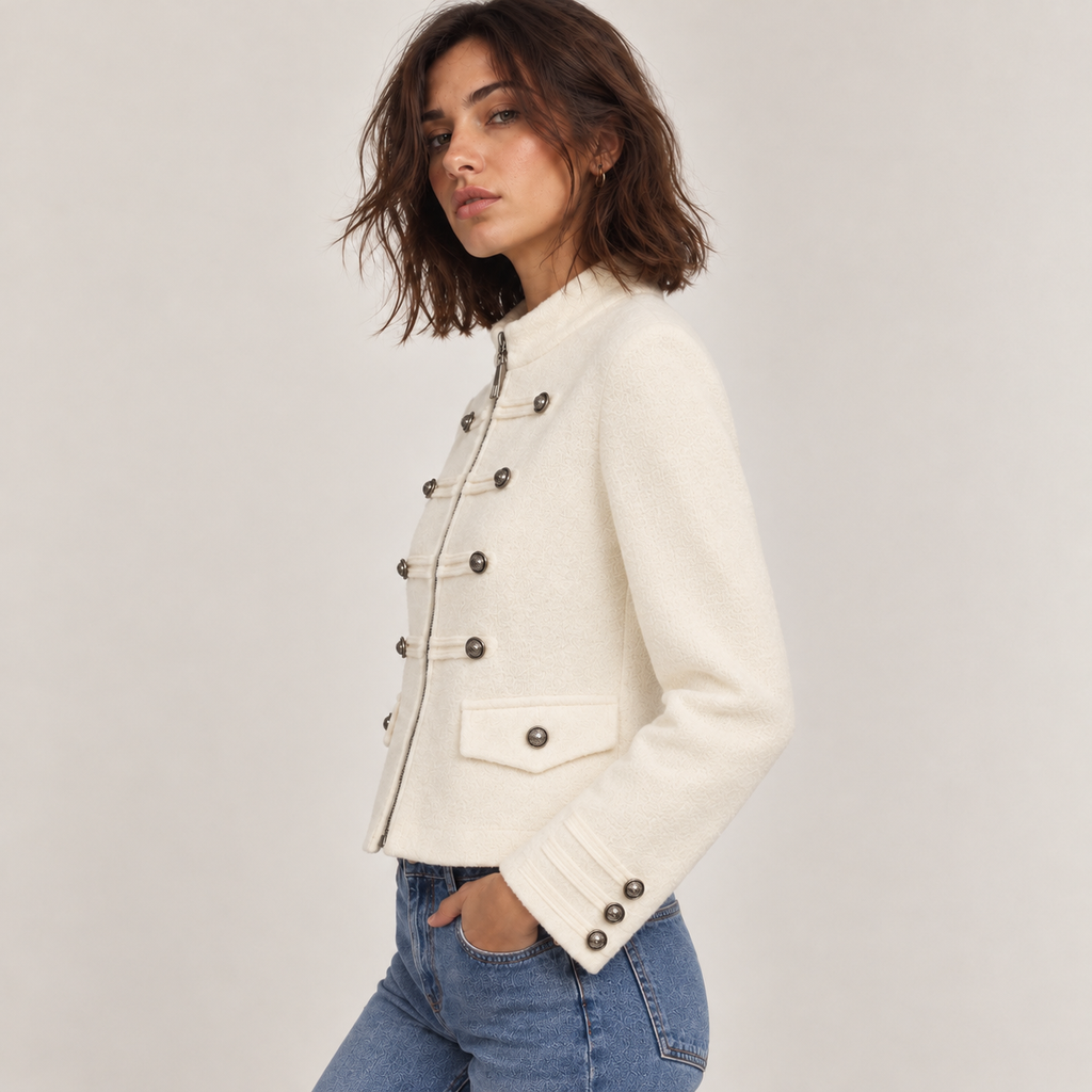 Military-Style Jacket With Buttons in White, side view