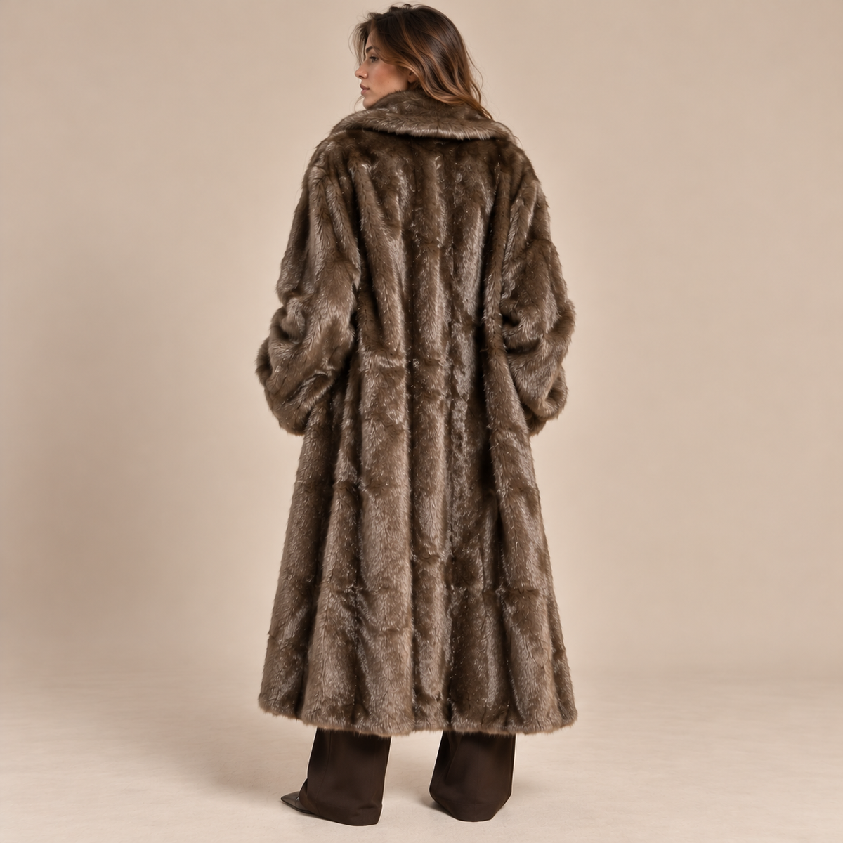 Longline Faux Fur Coat in Brown, model back view