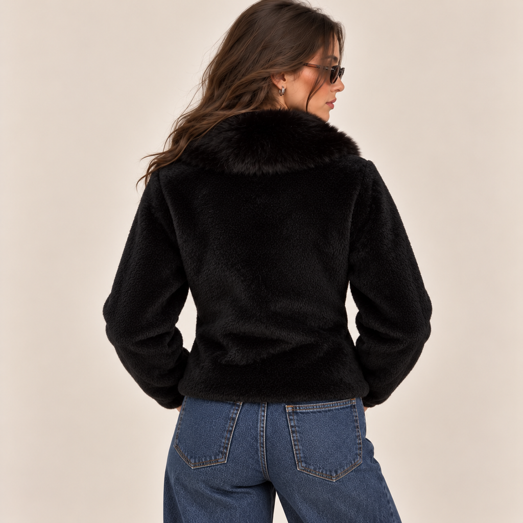 Teddy Jacket With Faux Fur Collar in Black, back view