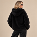 Plush Faux Fur Hooded Jacket in Black, back view