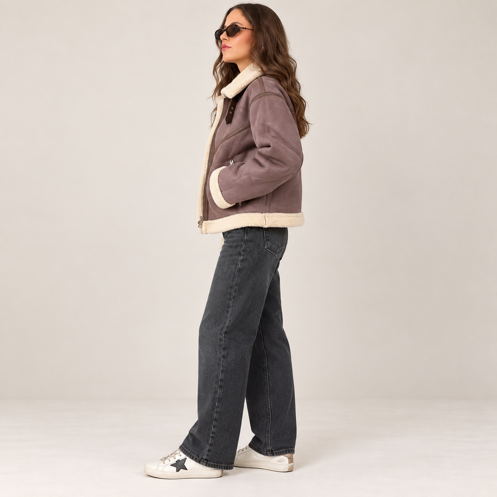 Suede-Effect Aviator Jacket in Brown, side view