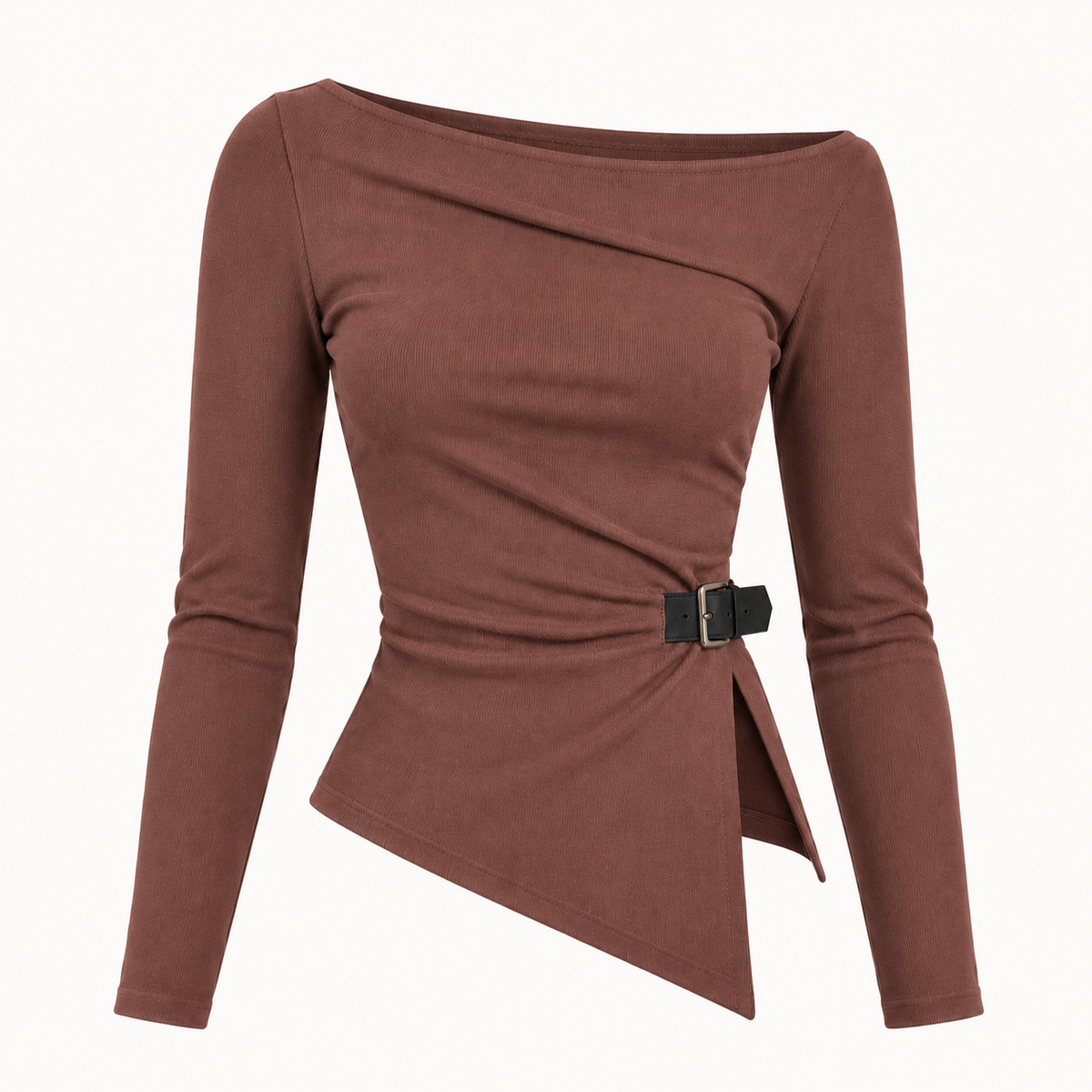 Asymmetric Buckle Knit Top in Chestnut, product view