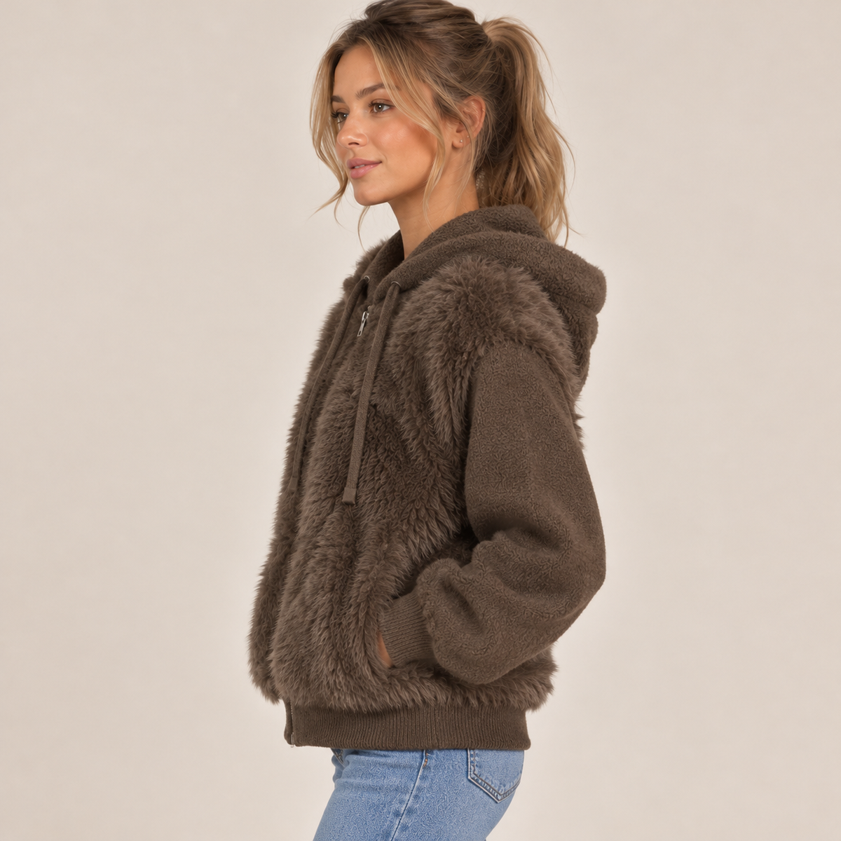 Faux Fur Hooded Zip-Up Jacket in Brown, side view