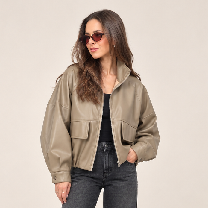Faux Leather Utility Jacket in Beige, front view