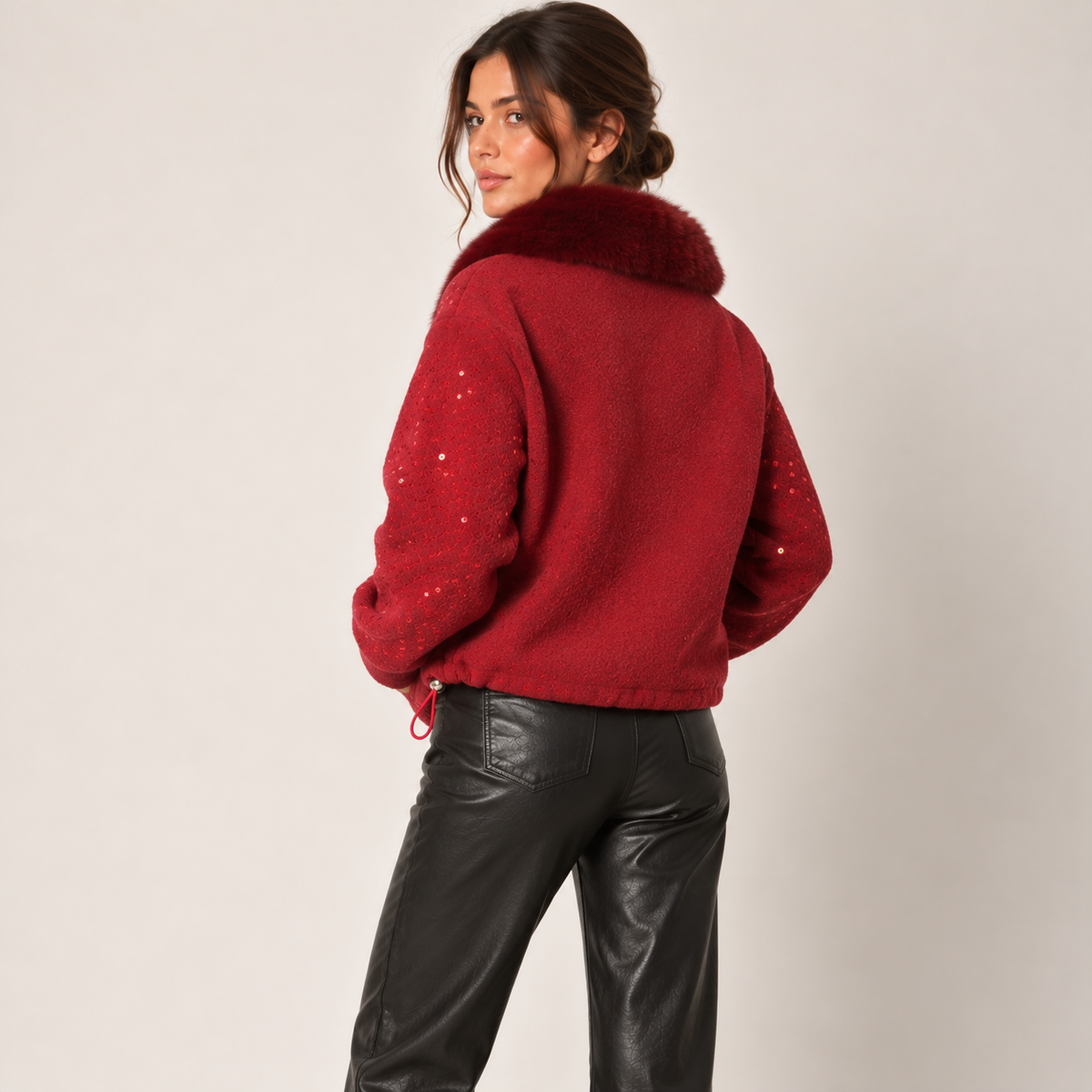 Sequin Bomber Jacket With Faux Fur Collar in Red, back view