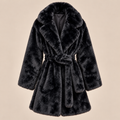 Belted Faux Fur Coat With Wide Lapels in Black, product front view