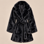 Belted Faux Fur Coat With Wide Lapels in Black, product front view