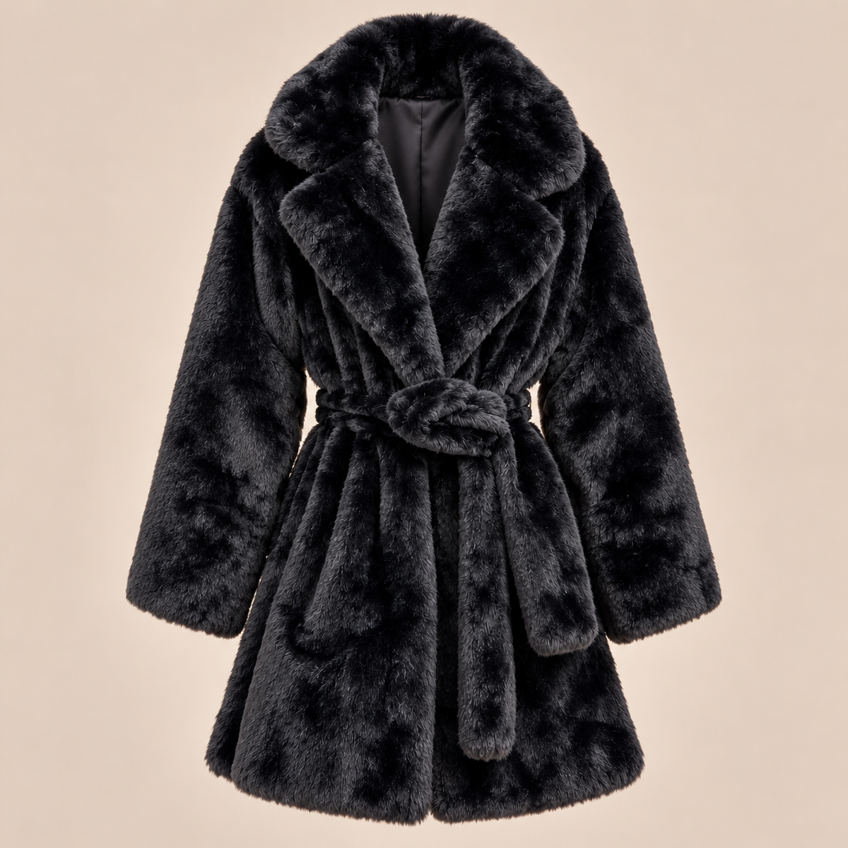 Belted Faux Fur Coat With Wide Lapels in Black, product front view