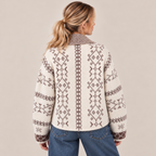 Nordic Knit Shawl Collar Cardigan in White and Beige, back view