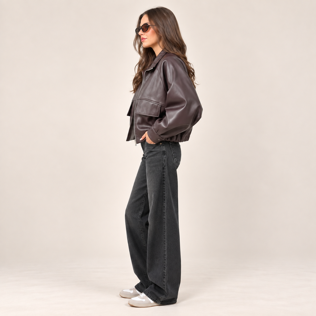 Faux Leather Utility Jacket in Plum, side view