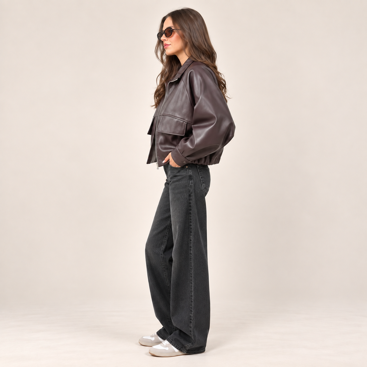 Faux Leather Utility Jacket in Plum, side view