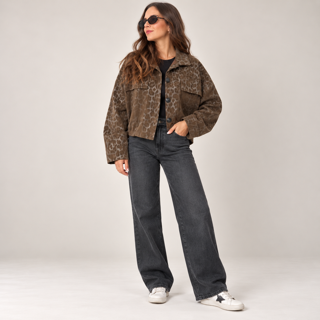 Cropped Tonal Leopard Jacket in Brown, front view