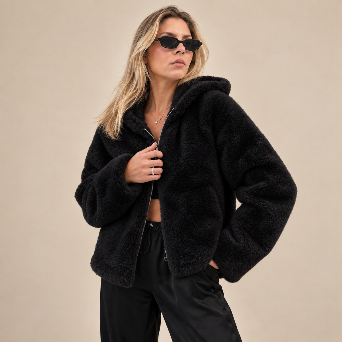 Plush Faux Fur Hooded Jacket in Black, front view