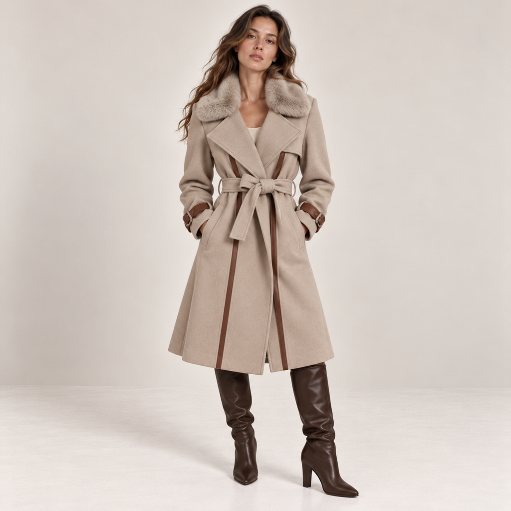 Belted Faux Fur Collar Coat With Contrast Piping in Beige, front view