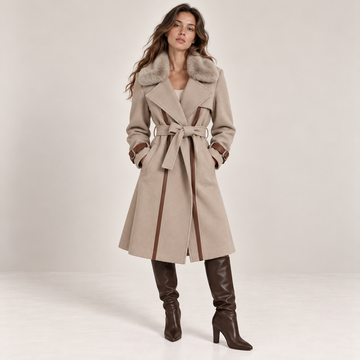 Belted Faux Fur Collar Coat With Contrast Piping in Beige, front view