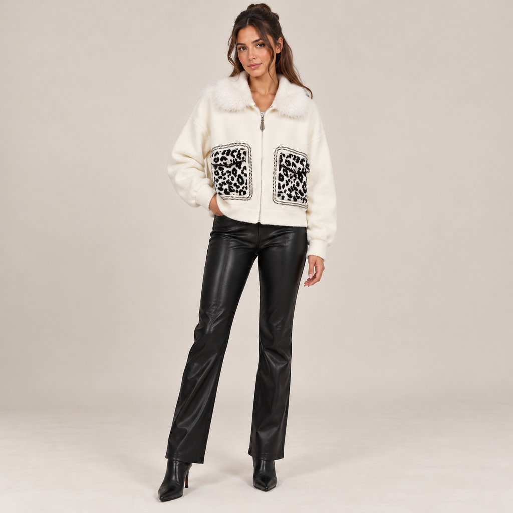 Faux Fur Collar Jacket With Leopard Pockets in White, front view