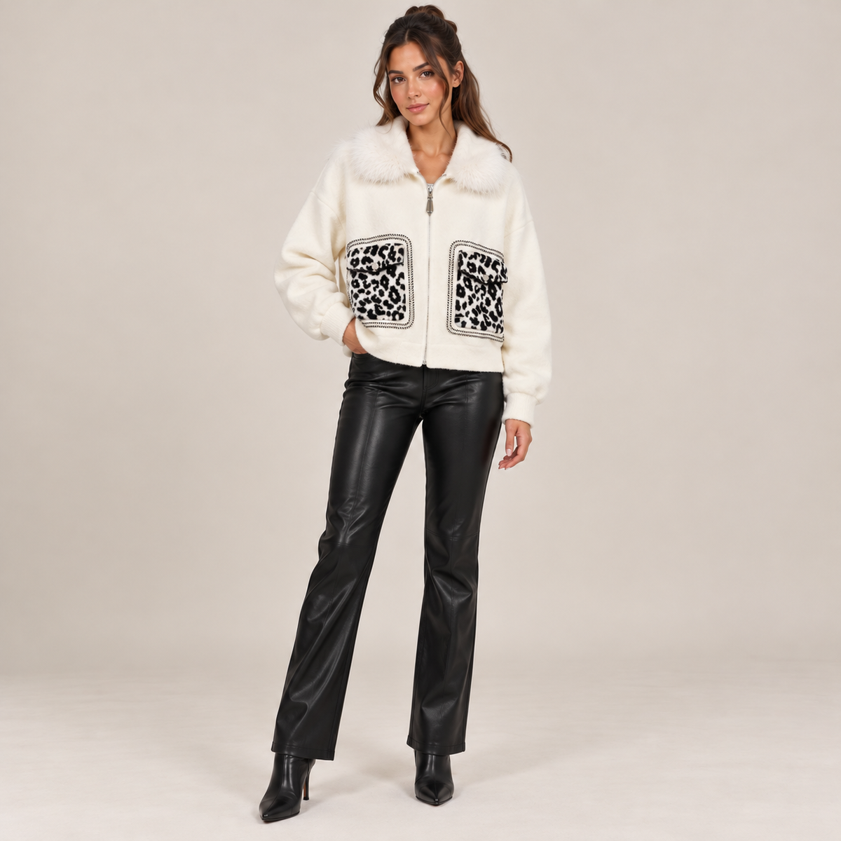 Faux Fur Collar Jacket With Leopard Pockets in White, front view