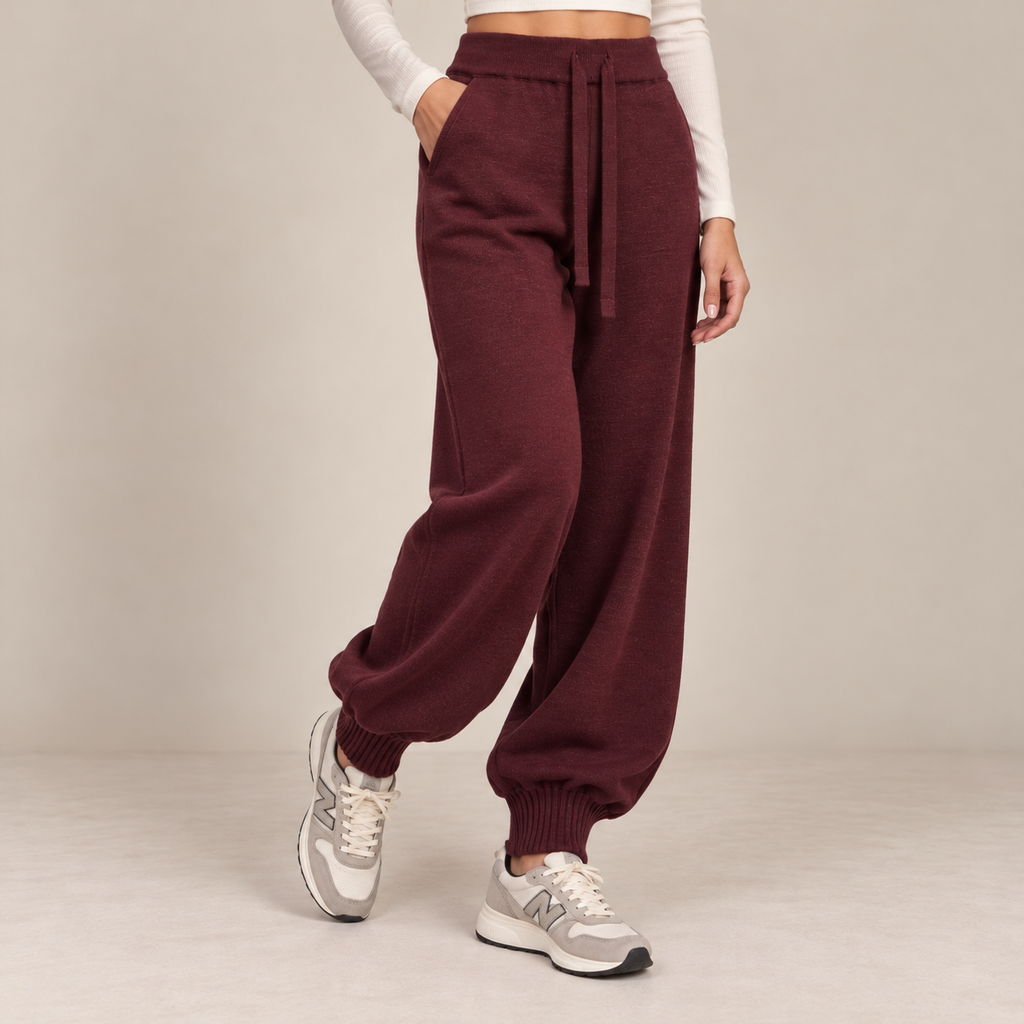 Knit Drawstring Joggers in Burgundy, front view