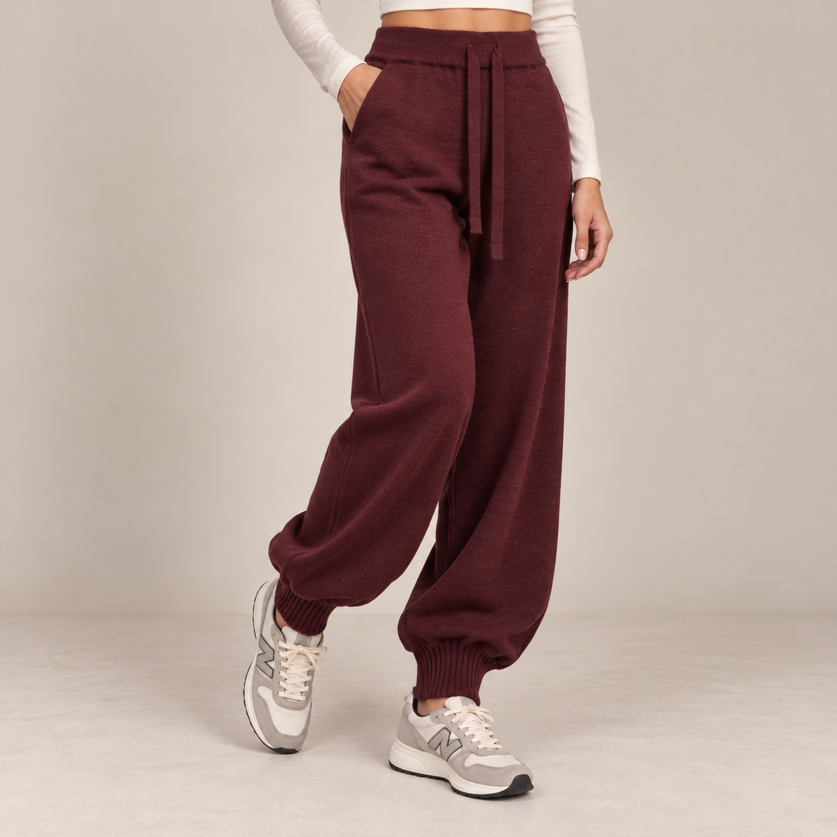 Knit Drawstring Joggers in Burgundy, front view
