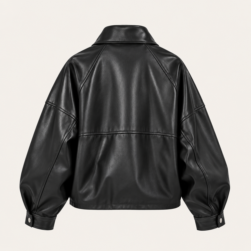 Faux Leather Utility Jacket in Black, product back view